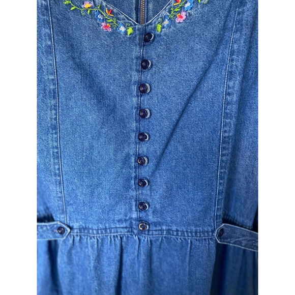 Vintage Erika Denim Maxi Dress Floral Embroidery Cottagecore V Neck Prairie Boho - Picture 11 of 13